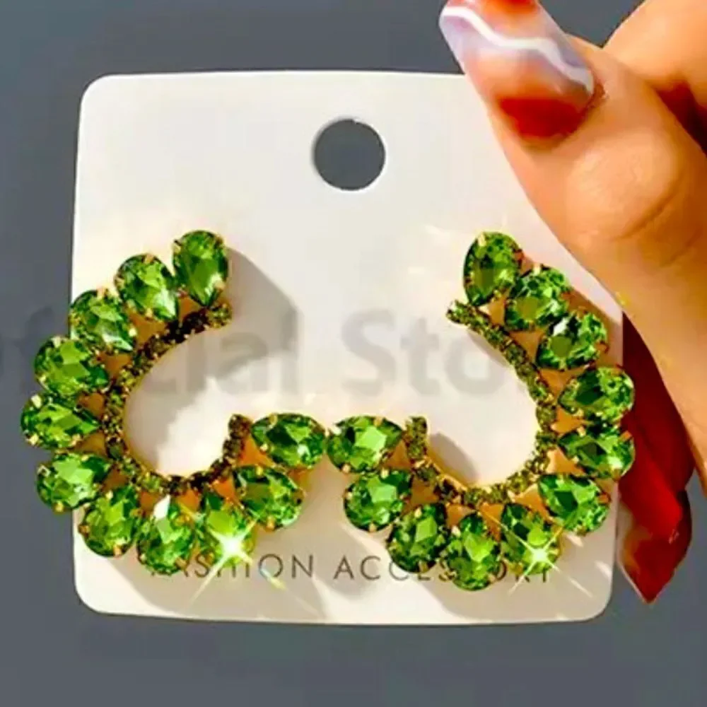 GREEN EMERALD COLORED LUXURY EARRINGS WOMEN CRYSTAL GOLD